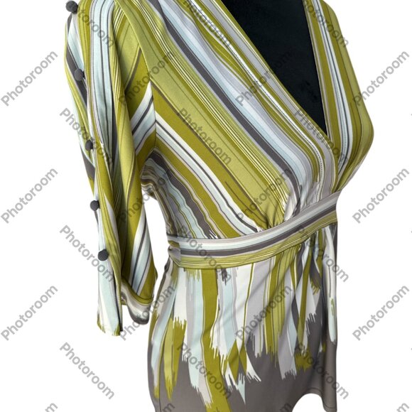 BCBG Maxazria Small Striped Faux Wrap Bodice Green Short Sleeve Top - Picture 2 of 7